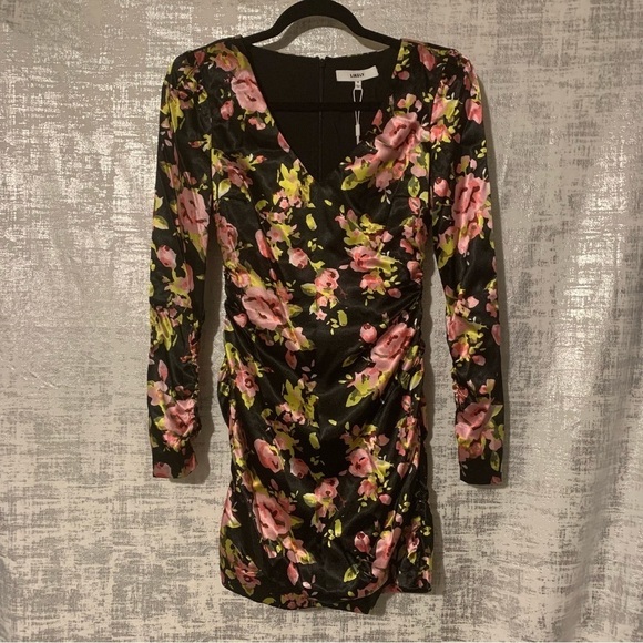 LIKELY Black satin floral print flowers Gabriella Dress size 0 REVOLVE NEW - Picture 3 of 13